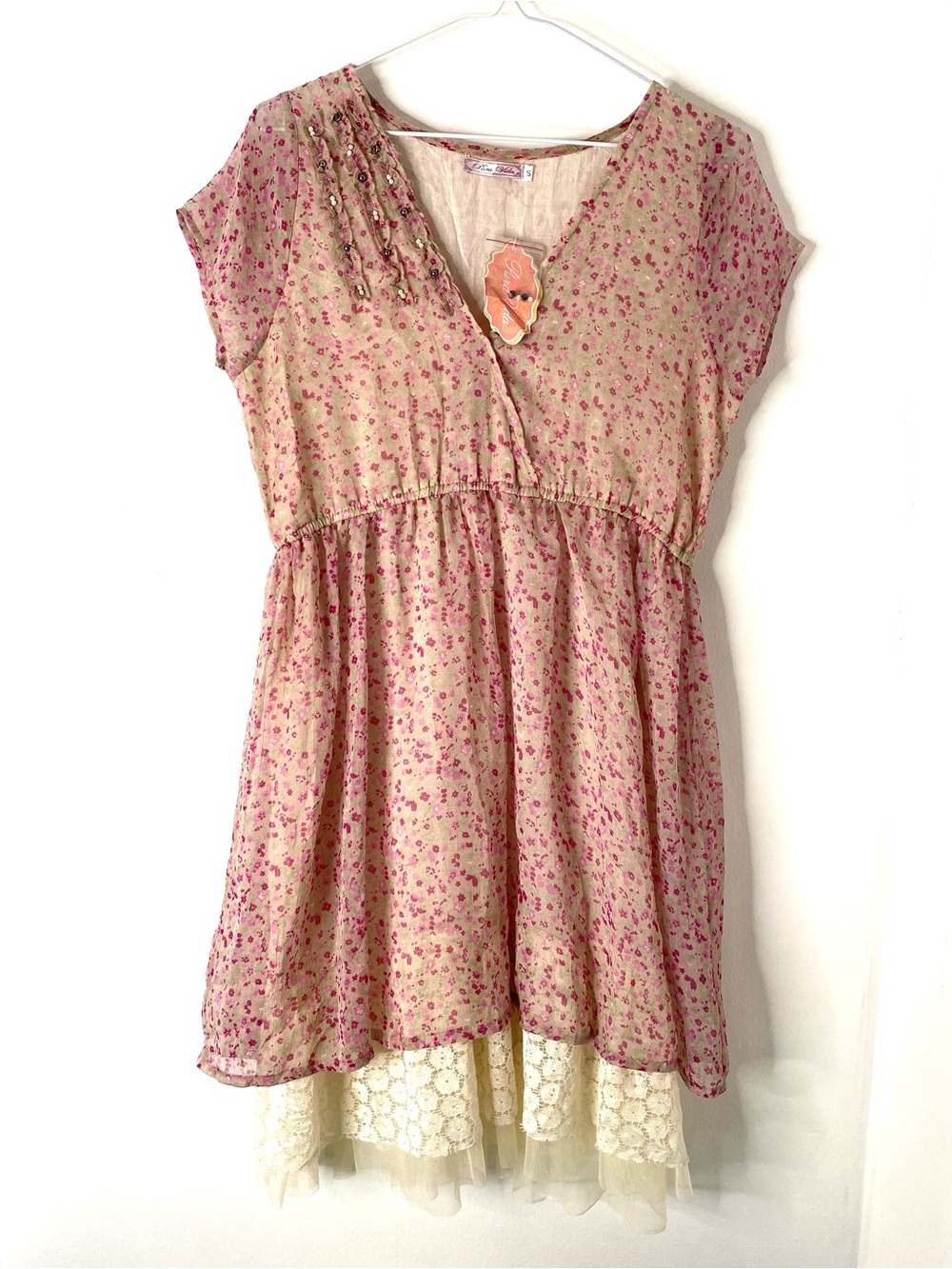 NWT Floral Tiered Ruffle Dress Tan Rose Beaded V Neck Boho Midi Dress Pura Vida